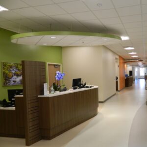 Hospital lobby with a reception desk, computers, and a potted plant. The hallway extends in the background.