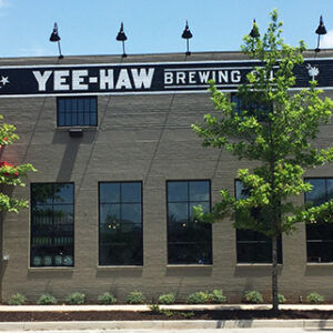 Front view of Yee-Haw Brewing Co. building with large windows and trees along the sidewalk.