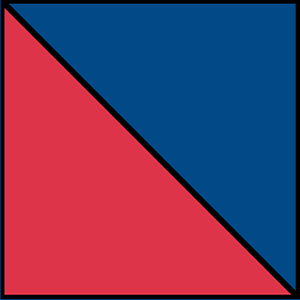 A square divided diagonally, with the top right half in blue and the bottom left half in red.