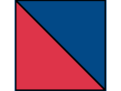 A square divided diagonally, with the top right half in blue and the bottom left half in red.